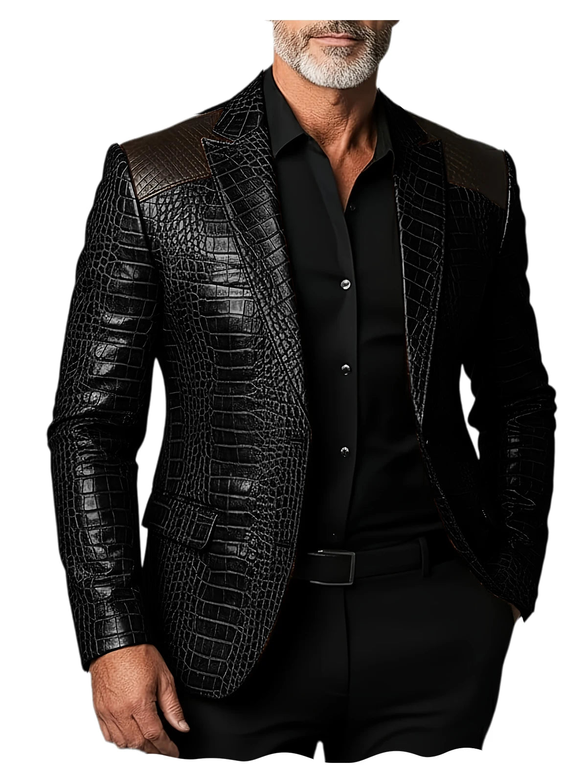 Men's Crocodile Pattern Leather Blazer Patchwork PU Leather Suit Jacket Notched Lapel Slim Fit Business Casual Coat Outerwear