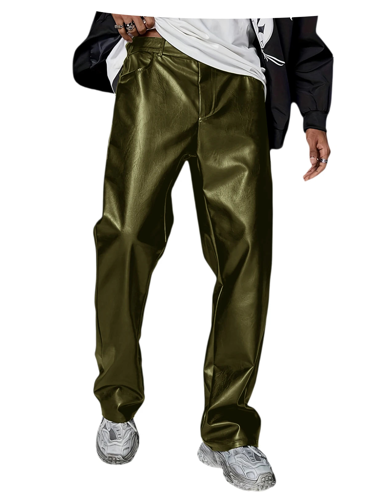 Men's Faux Leather Wide Leg Pants High Waist Loose Straight Trousers Hip Hop Streetwear Club Party Casual Bottoms