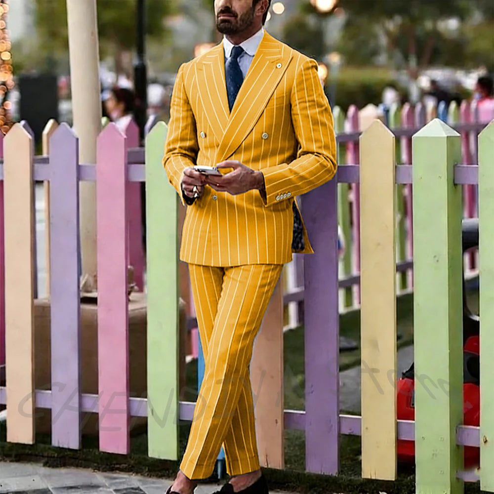 Light Purple Striped Men Suit England Style Peaked Lapel Double Breasted Classic Male Clothing Wedding Groom Tuxedo Custom Set