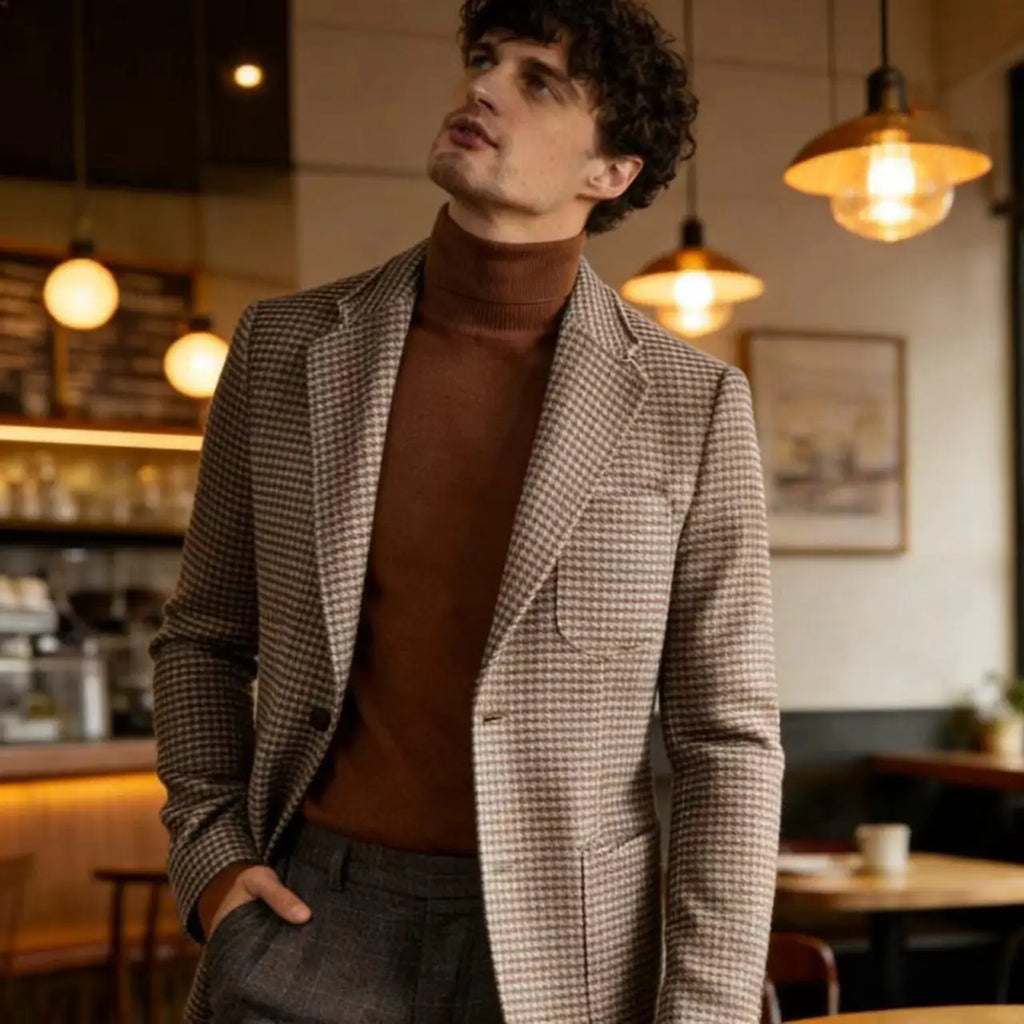 Men's Houndstooth Blazer Luxury Peak Lapel Slim Fit Wool Blend Suit Jacket For Classic Business Casual Fall Winter with Pockets