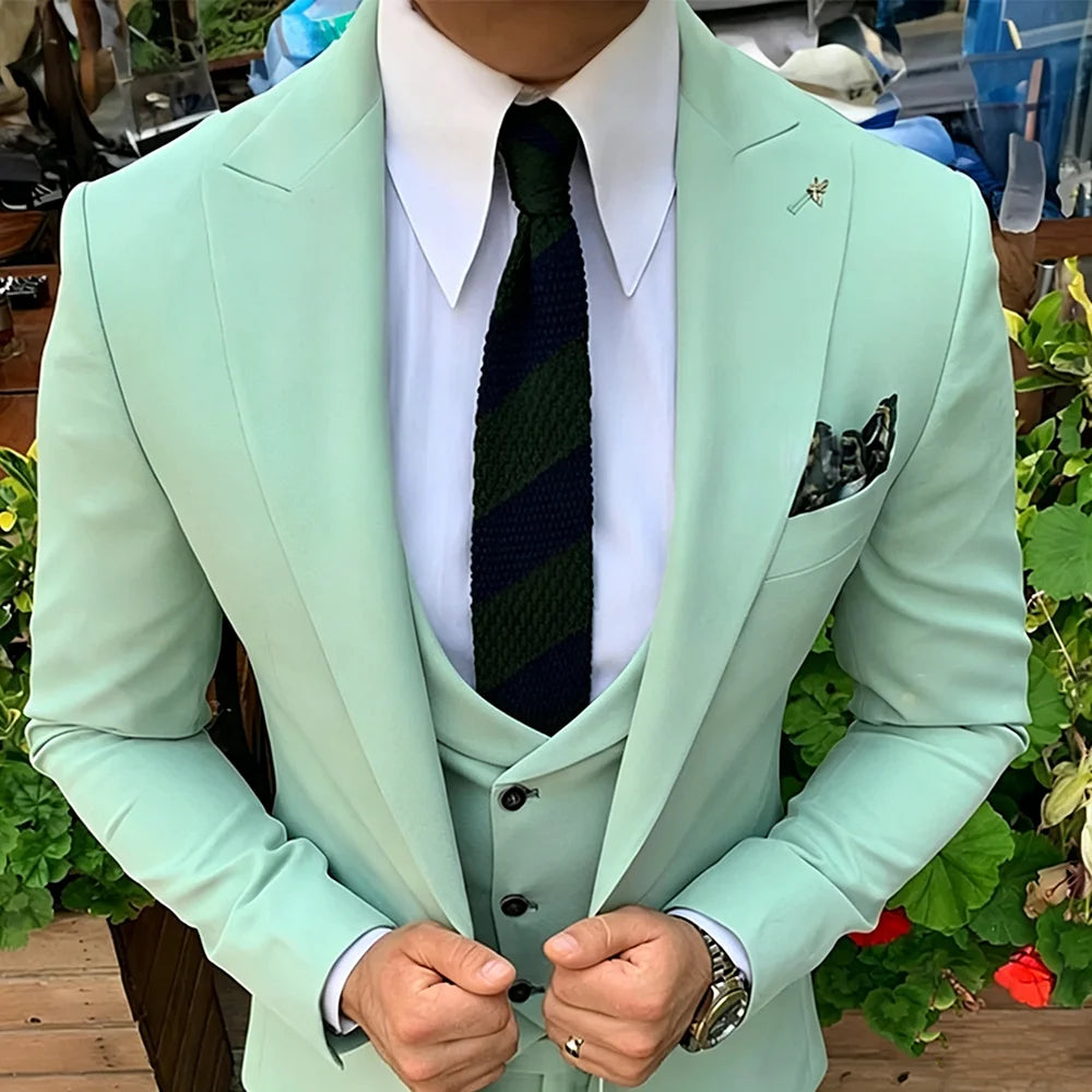Mint Green Peak Lapel Slim Fit Men's Suit Business Casual 3 Pieces Jacket Vest Pants Fashion Blazer Set Wedding Groom Tuxedos
