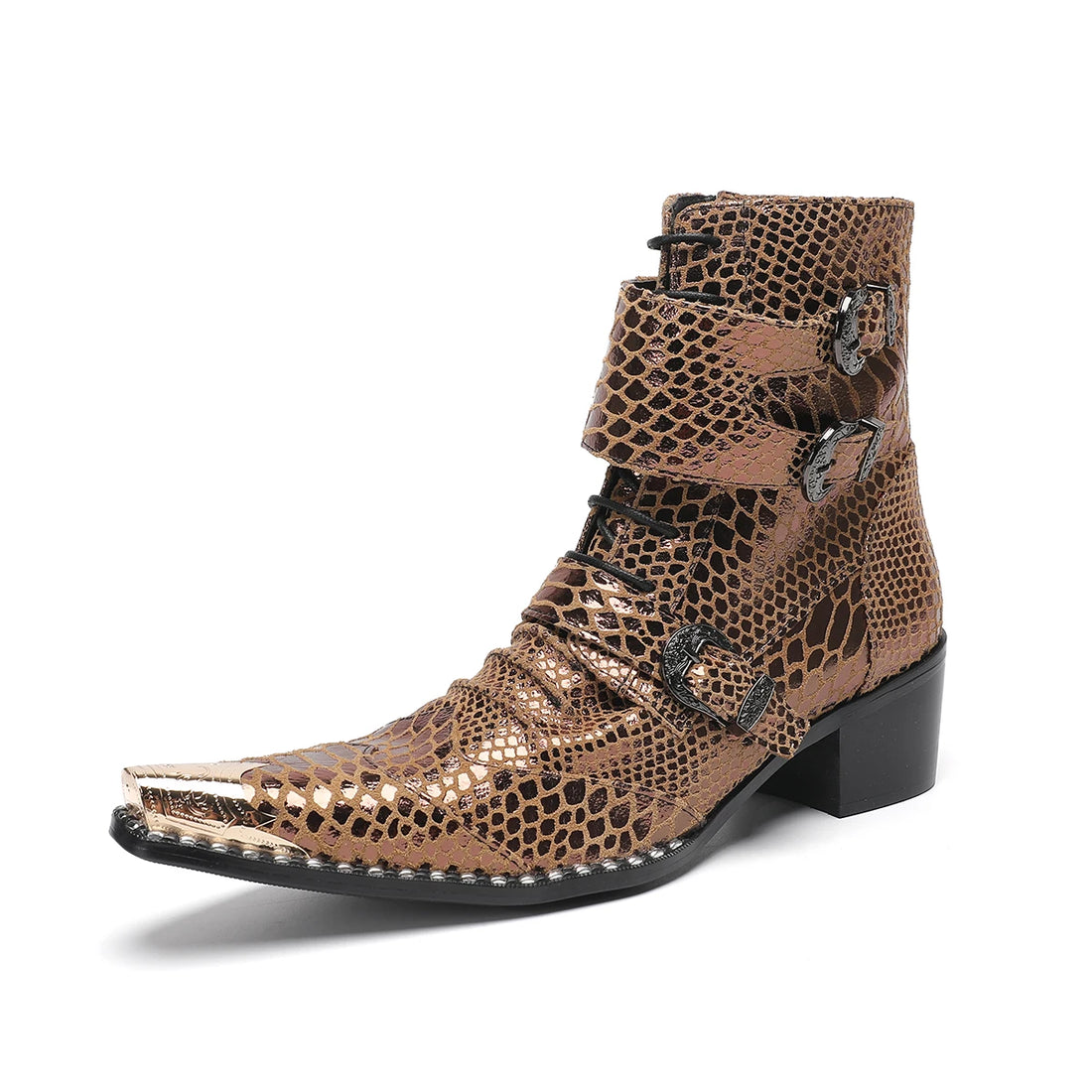 Mid Heeled Ankle Boots  Double Button Denim Boots British Metal Pointed Men's Shoes Snake Skin Printed Lace Up Ankle Boots