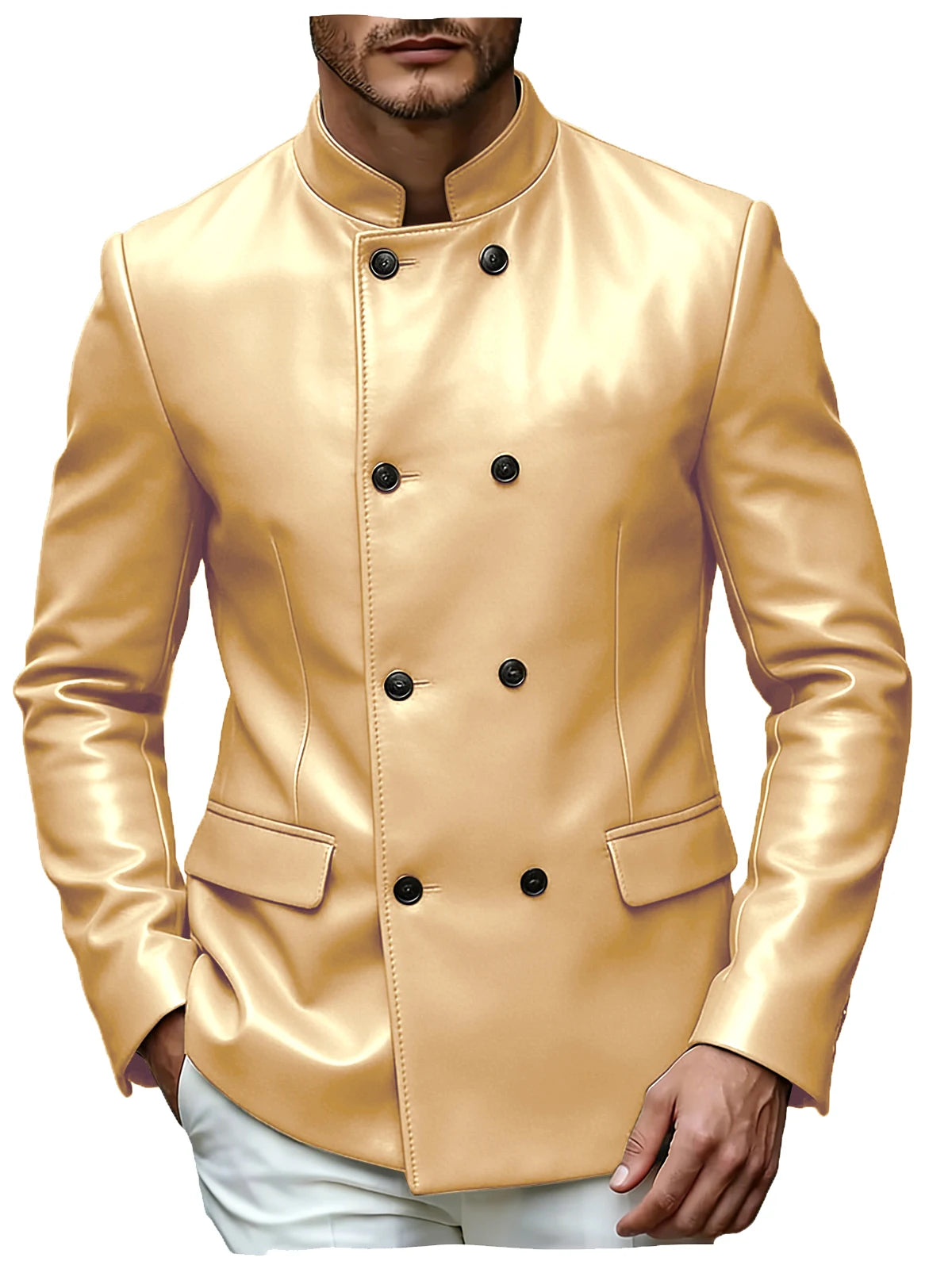 Men's Blazer Stand Collar Faux Leather Jacket High Quality Double Breasted Slim Fit Casual Coat For Business Office Outerwear