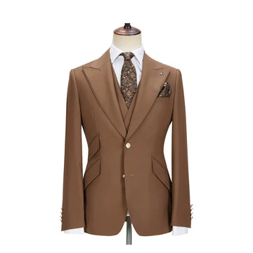 Solid Color Men's Suits 3 Piece (Blazer+Pants+Vest) Fashion Peak Lapel Single Breasted Prom Male  Business Casual Clothing