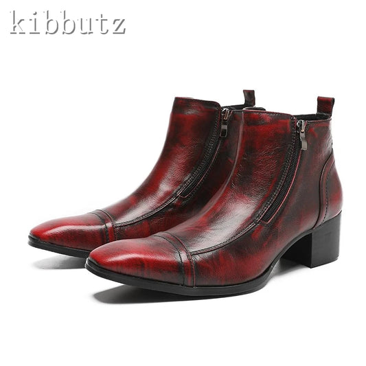 New Square Toe Wine Red Black Men's Boots British Style Genuine Leather High Heels Shoes Male Party Wedding Dress Boots