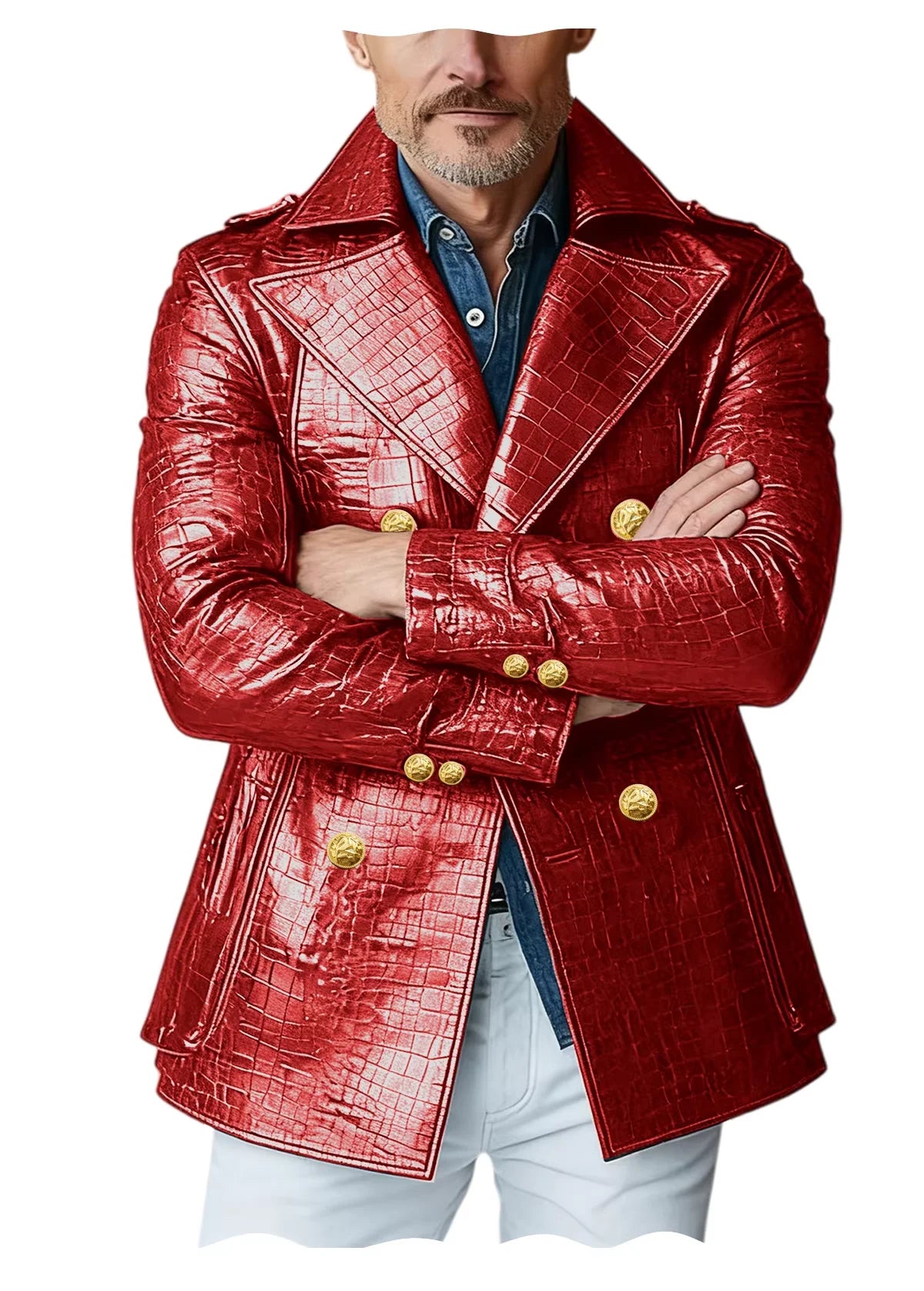 Men's Crocodile Embossed Leather Peacoat Double Breasted Gold Button Jacket Luxury Casual Overcoat