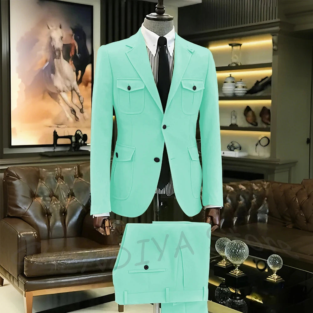 Customized Men Suits Solid Color Four Pockets Notch Lapel Outfits Formal Party Prom Daily Male Sets Two Piece(Blazer+Pants)