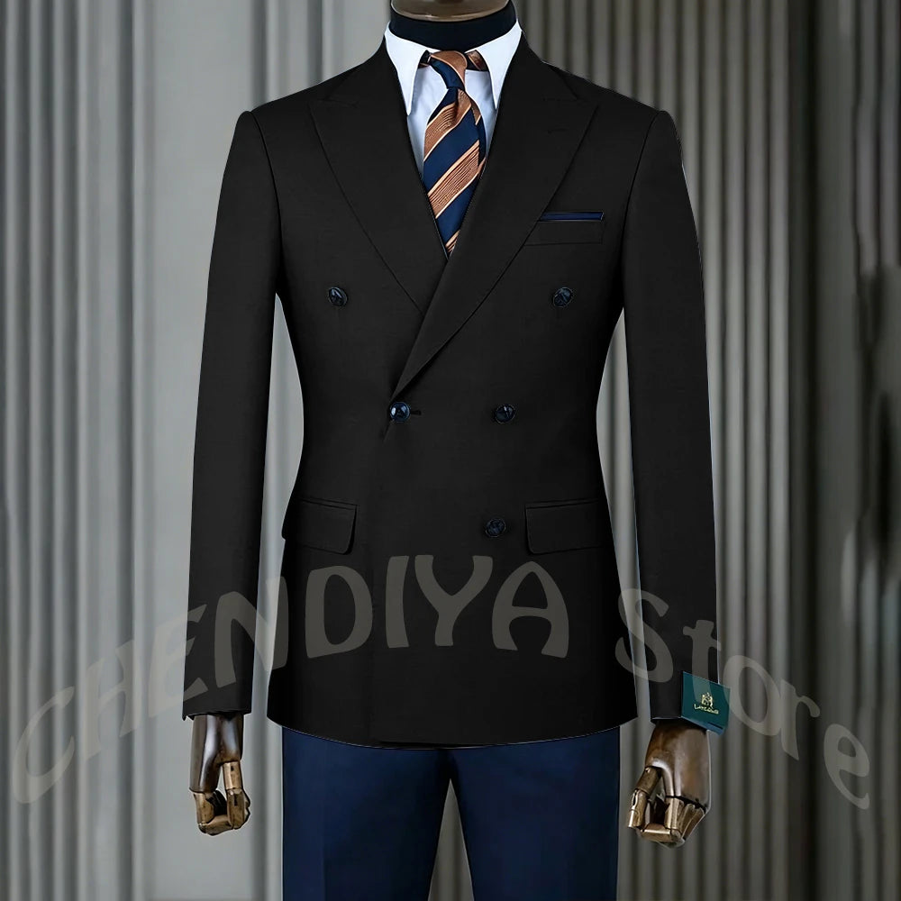 Stylish Men Suits Contrast Color Formal Blazer Male Clothing Double Breasted Business Casual Party Prom Jacket Pants Navy Blue