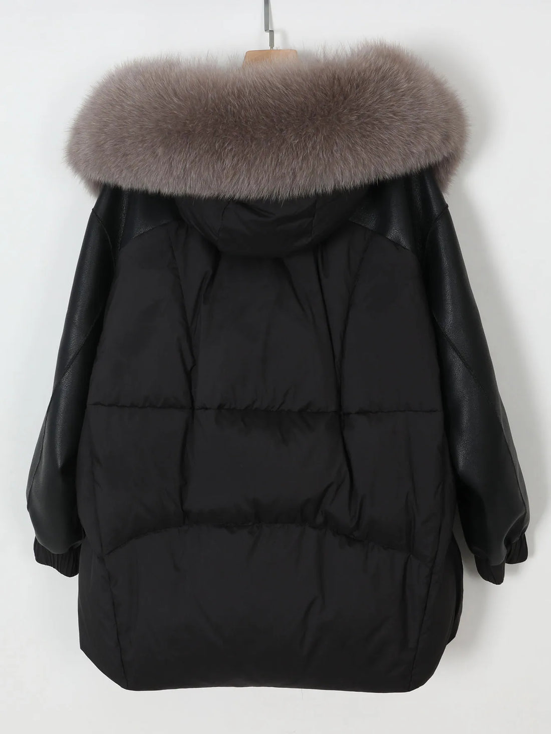 Maomaokong Real Fox Fur Collar Women's Winter Down Jacket Black Soft Faux Leather Fabric Patching Cool Oversized Zipper Fashion