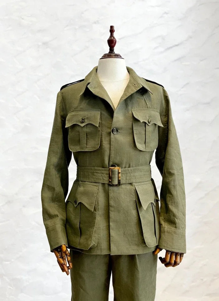 Green Linen High Quality Men Suit Fashion Stand Collar Single Breasted with Belt 2Piece Daily Formal Party Banquet Customized
