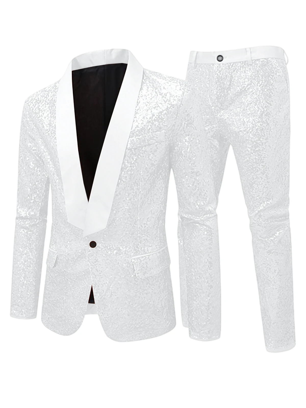 Men's Sequin Tuxedo Suit Set Shiny One Button Satin Patchwork Shawl Lapel Slim Fit 2 Piece Blazer Pants For Wedding Party Prom
