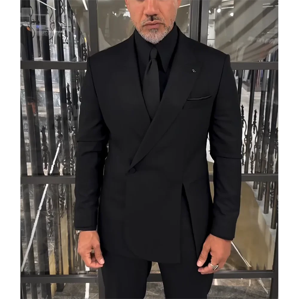 Classic Black Men Suits Single Button Double Split Formal Blazer Business Casual Party Prom Wedding Set 2 Piece Jacket Pants