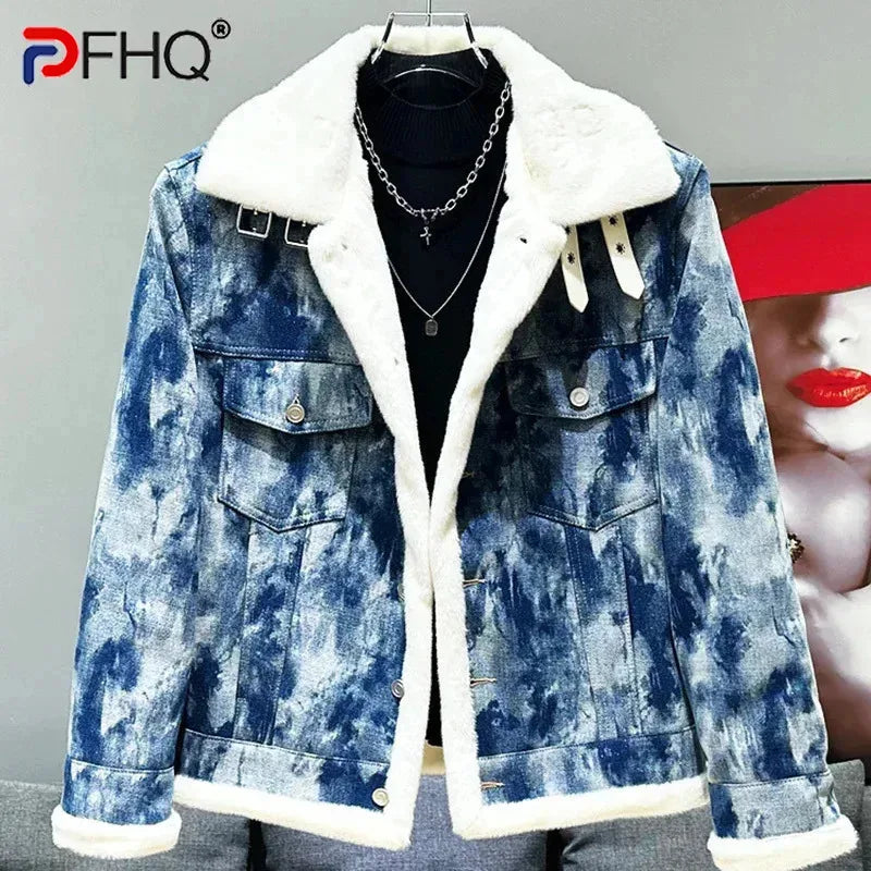 PFHQ Plush Design Men's Denim Fur Parka Jacket Sequin 2024 Patchwork Contrast Color Long Sleeve Male Tops Streetwear  21Z7713