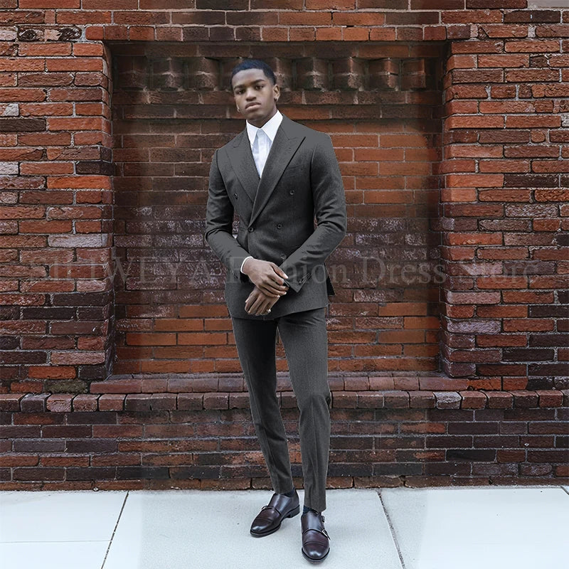 Grey Double Breasted Men's Suit 2 Pieces Jacket Pants Business Casual High Quality Office Stylish Male Clothing