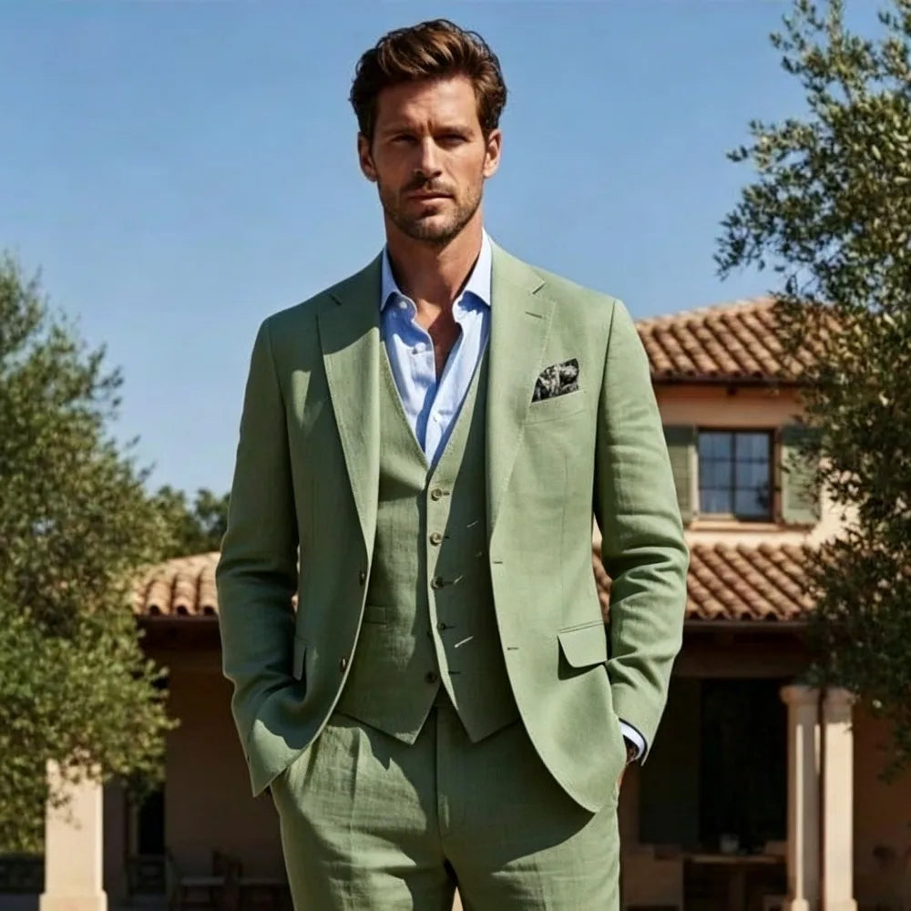Beige Linen Wedding Tuxedo 3 Pieces Summer Suits for Men Slim Fit Groom Blazer Trousers Vest Set Beach Party Wedding Suits Men
