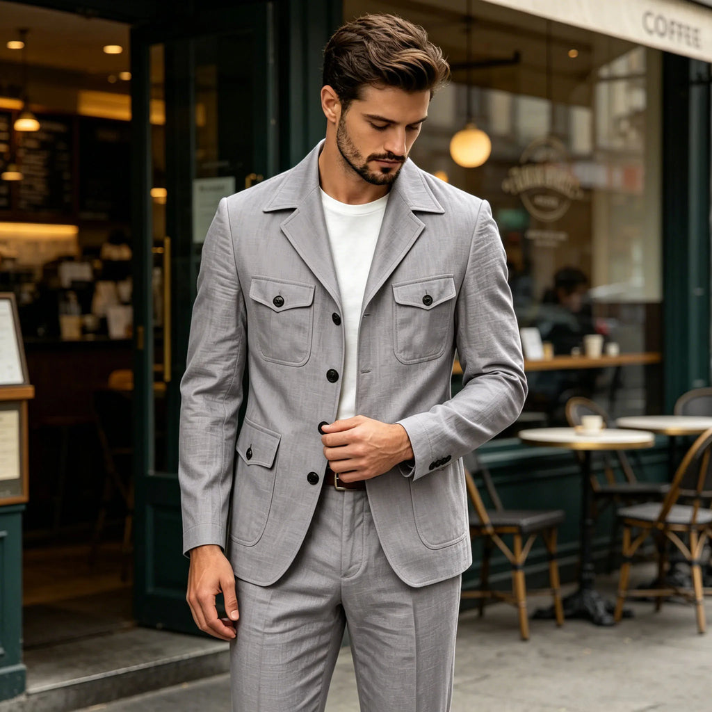 Men's Grey Linen Blend Suit 2 Piece Multi Pocket Peak Lapel Blazer pants Set Lightweight formal Suit for Summer Business Casual