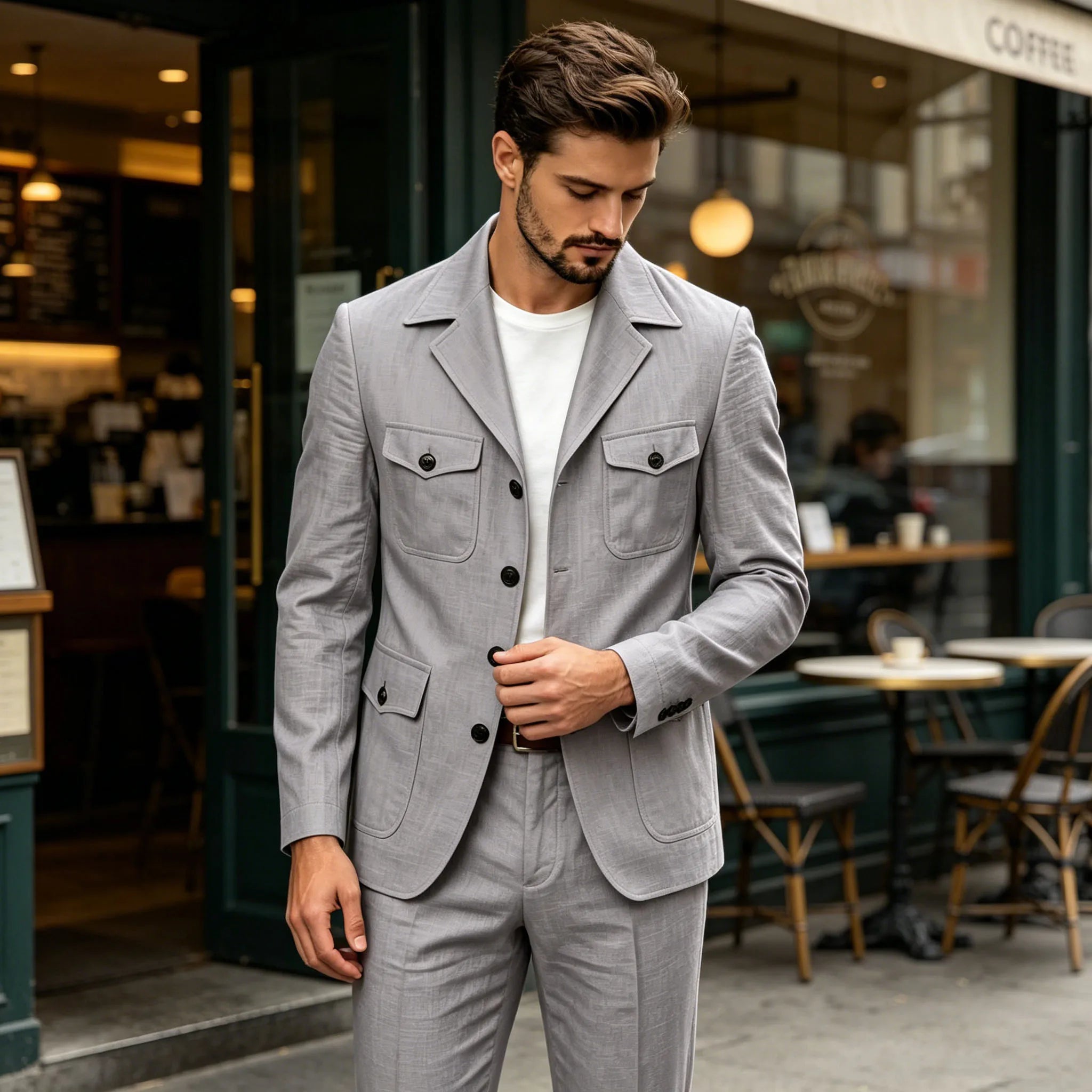 Men's Grey Linen Blend Suit 2 Piece Multi Pocket Peak Lapel Blazer pants Set Lightweight formal Suit for Summer Business Casual