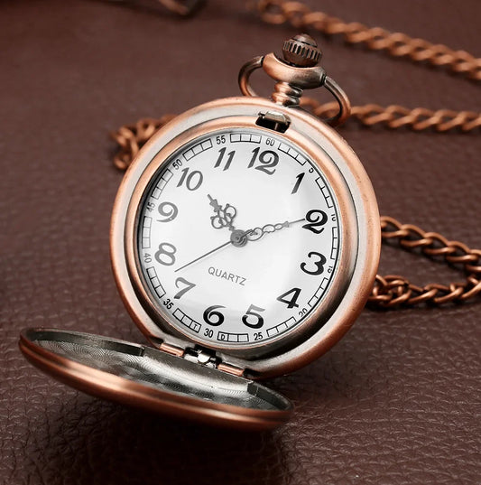 Antique Rose Gold Color Simple Smooth Quartz Pocket Watch Modern Arabic Number Clock Men's Women's Necklace Chain Unisex Gifts