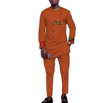 2025 African Men's Clothing 2-piece Long-sleeved Shirt and Long Pants Set, Big Stone Base Men's Set  Clothes for Men