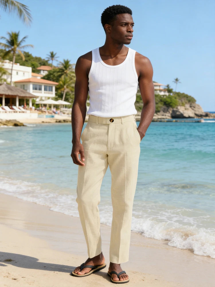 Men's Linen Straight Fit Pants Wrinkle-Resistant Lightweight Breathable Flat-Front Casual Trousers Expandable-Waist For Summer