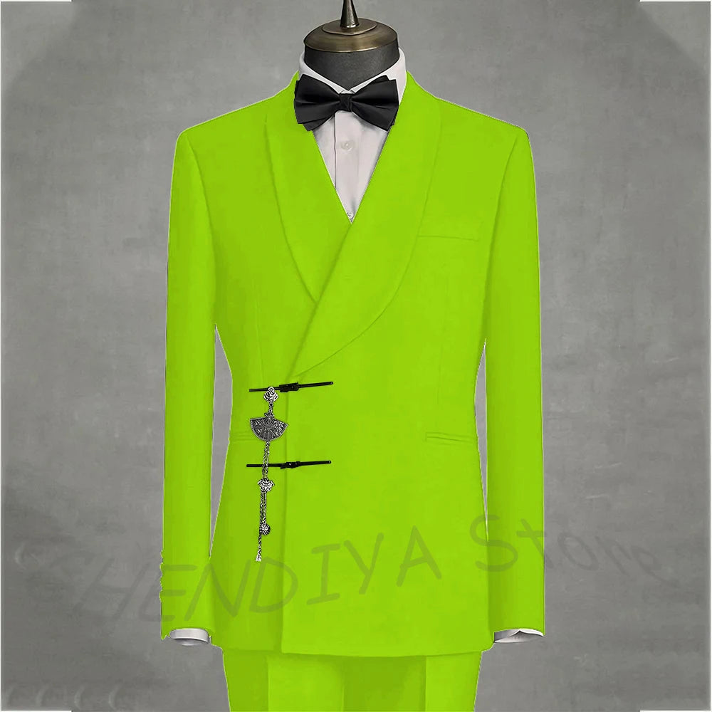 Solid Black Men's Suits Slim Fit Double Button Business Pants Suit Tailored Prom Party Wedding 2 Piece Jacket With Pants