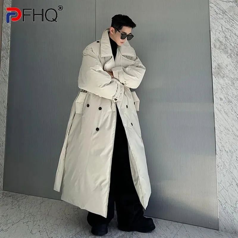 PFHQ Winter Oversize Silhouette Thickened Double Breasted Long Cotton Coat Solid Color Male Tops Solid Color Casual 21Z7505