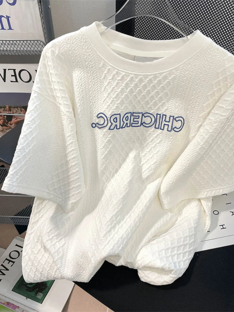 Gmiixder Summer Casual Suits Twist Knot Letter Embroidery Short-sleeved T-shirt + Male Sweat Shorts Oversize Kpop Two-piece Set