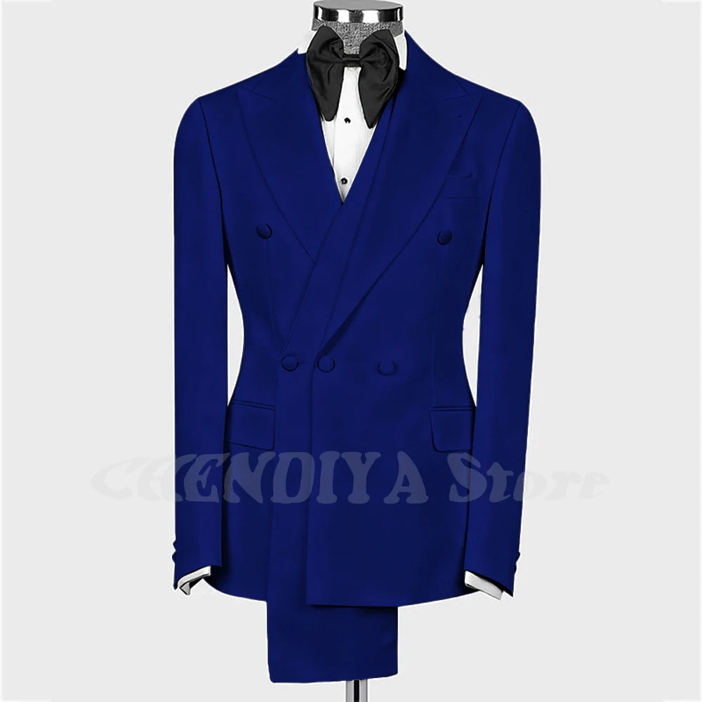 High Quality Man Suit Two Piece Peaked Lapel Slim Fit Jacket with Black Pants Formal Outfit Business Party Groom Wedding Set
