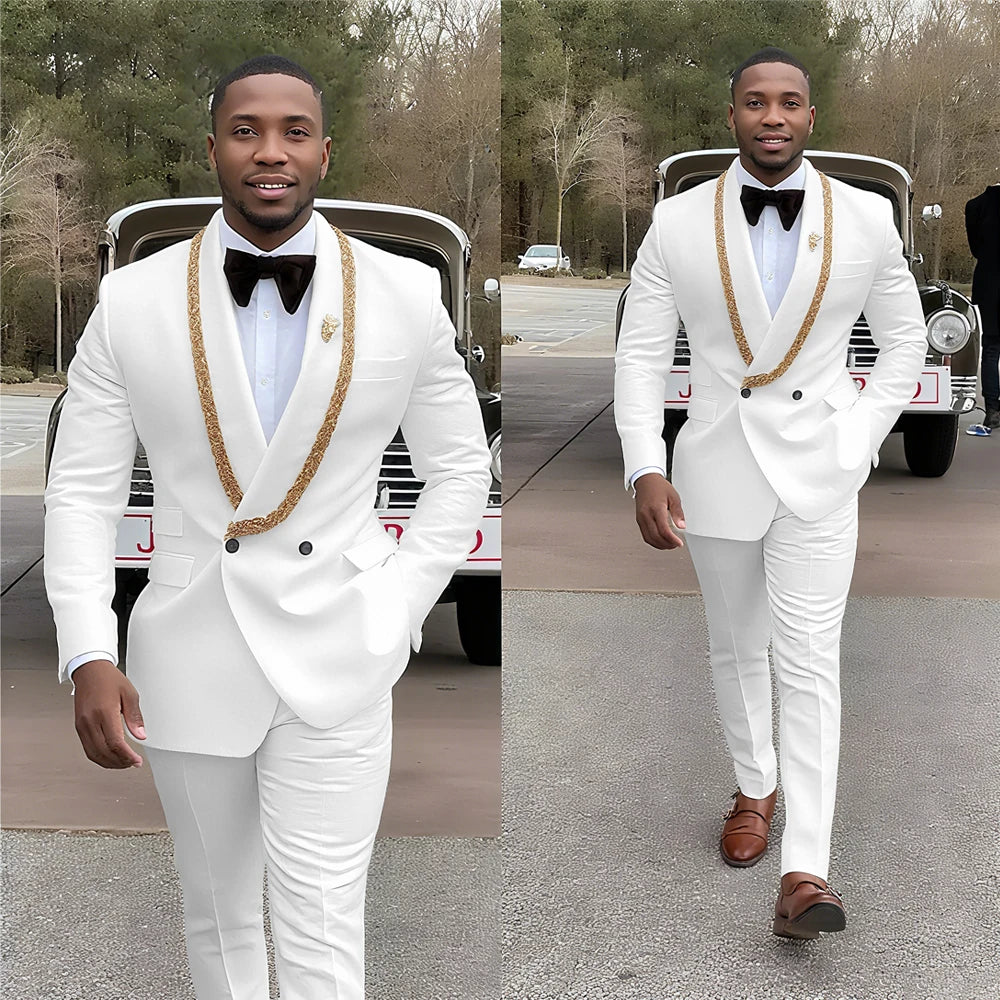Handsome Men's Suits Double Button Shawl Lapel Solid Color Outfit Man Set 2 Piece Casual Daily Office Prom Male Clothing