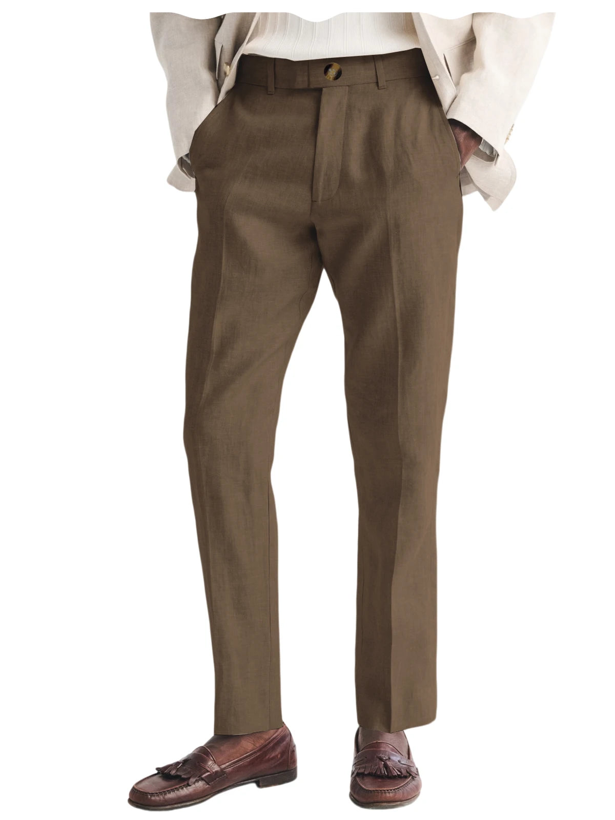 Men's Linen Straight Fit Pants Wrinkle-Resistant Lightweight Breathable Flat-Front Casual Trousers Expandable-Waist For Summer