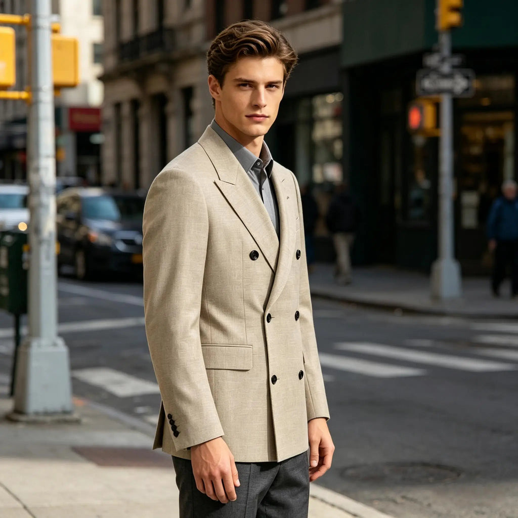 Men's Linen Blend Double Breasted Blazer Peak Lapel Breathable Wrinkle Resistant Business Suit Jacket For Wedding Daily Wear