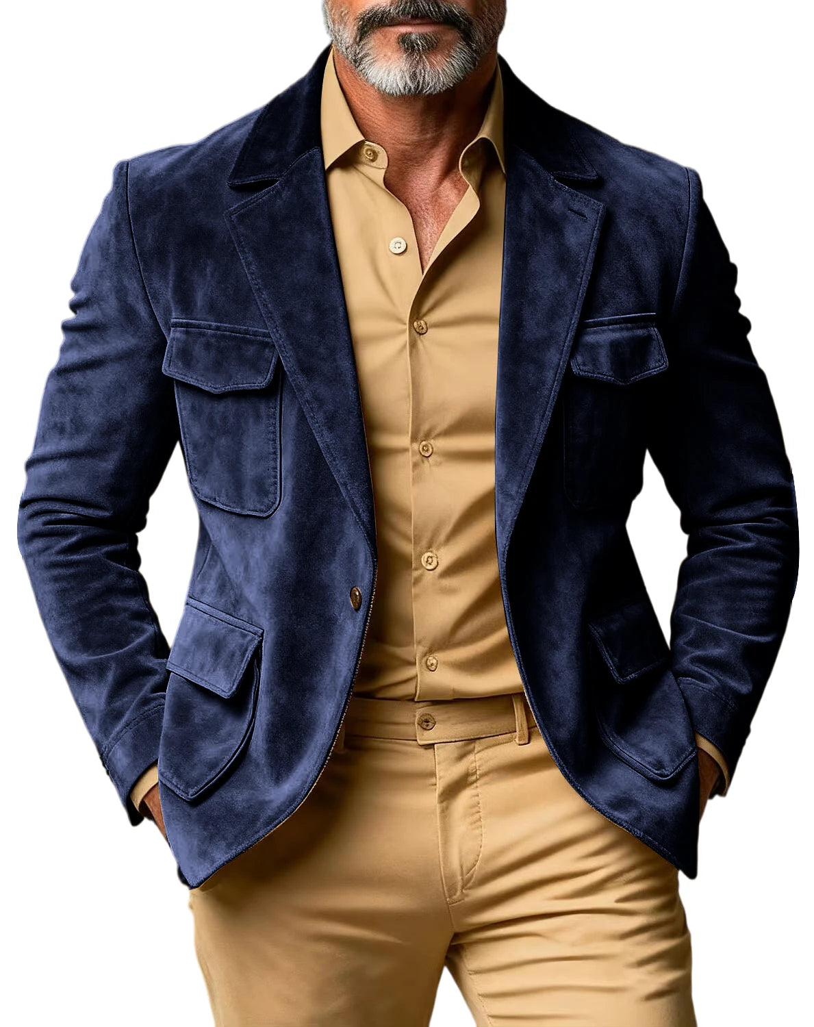 Men's Suede Safari Blazer Slim Fit Notch Lapel Multi-Pocket Hunting Jacket Autumn Winter Casual Business Sport Coat