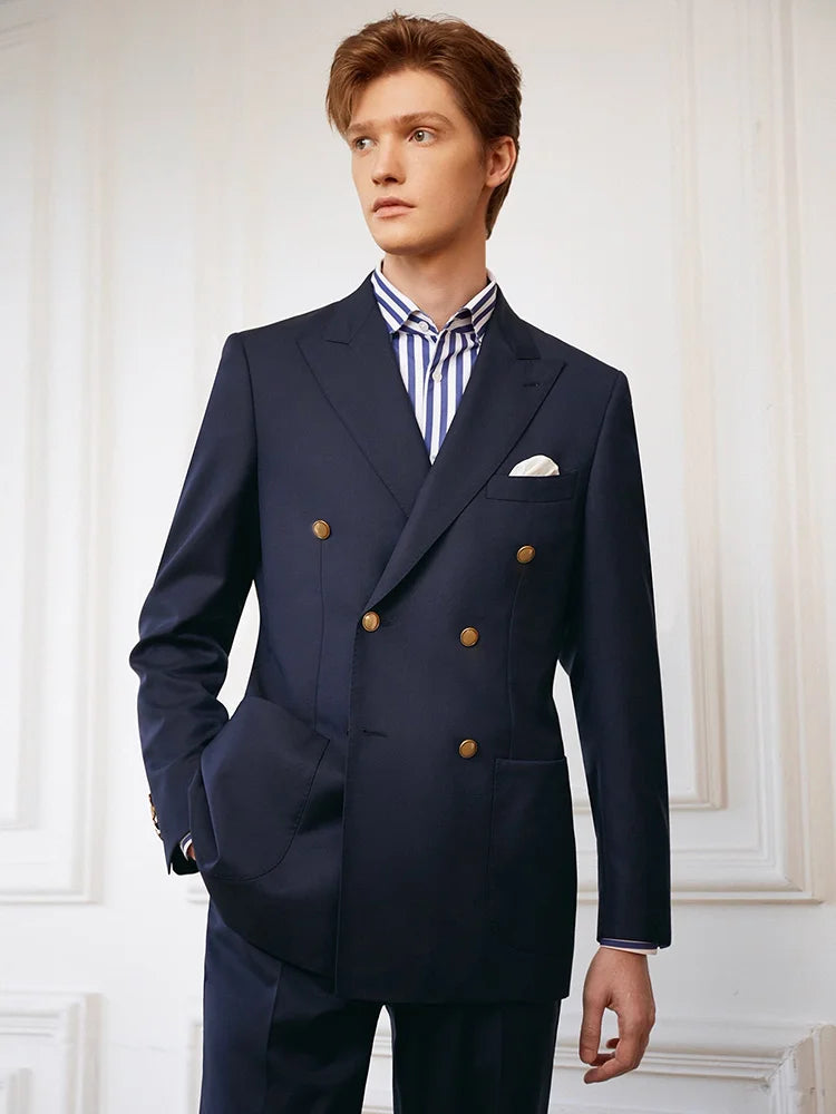 100% Wool Mens Suits Set Luxury Deep Blue Double Breasted Casual Daily Man Clothing Wedding Groom Dinner Party Wear Blazer Pant