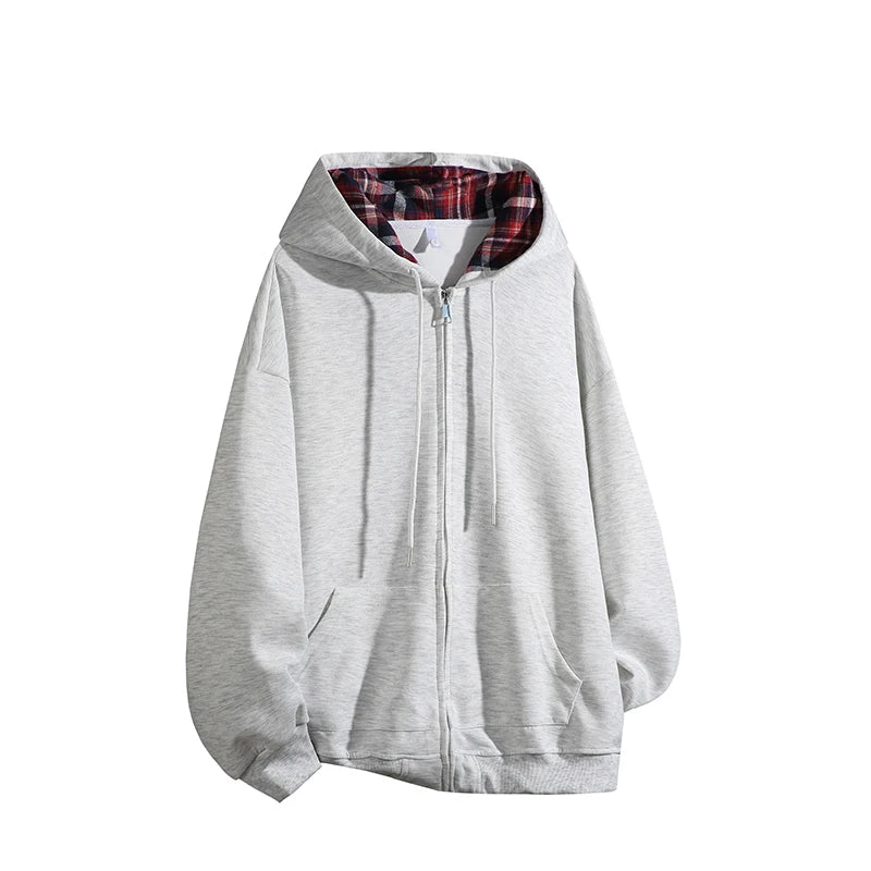 Korean Style Plaid Oversize Hoodie Men Streetwear Open Cardigan Hoodie Trendy New Arrival Overhead Hooded Jacket