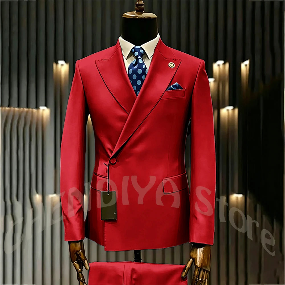High Quality Formal Men's Suit Incline Single Button Peaked Lapel Slim Fit Business Casual Groom Wedding Set Prom Outfit