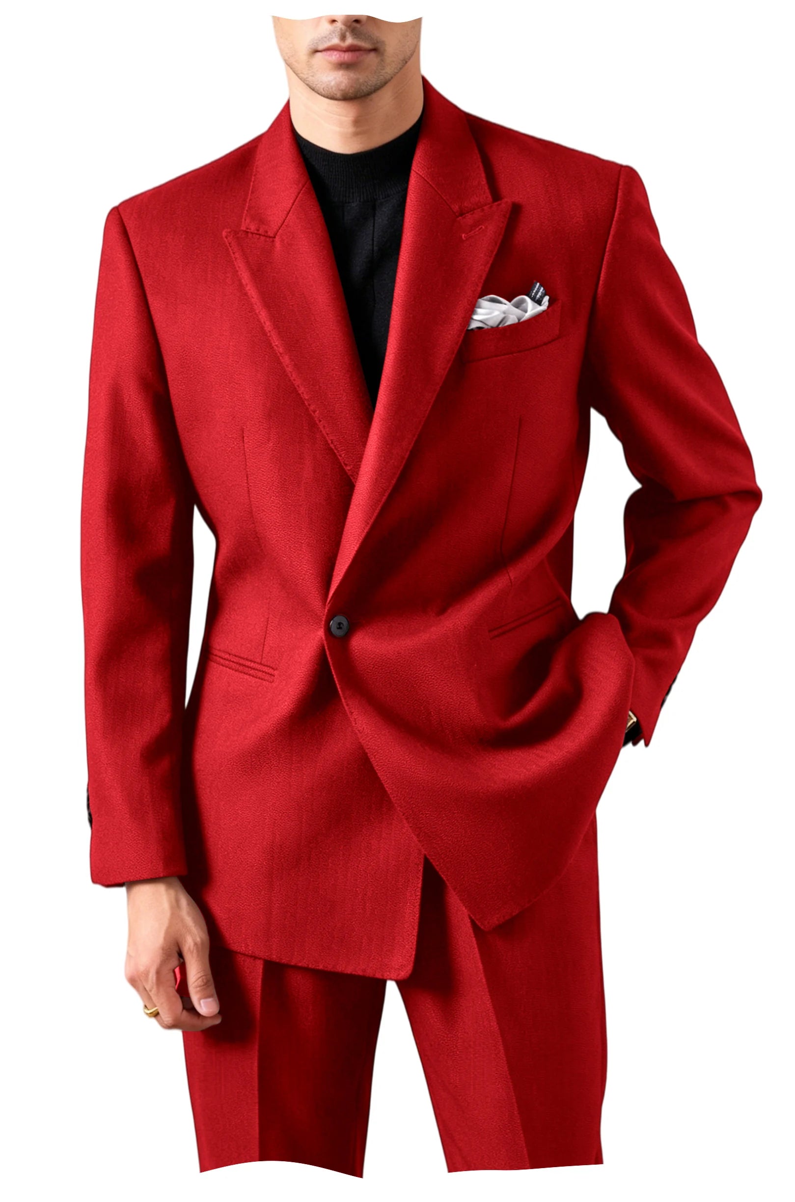 Men's Serge Suit Set Jacket Premium One Button Peak Lapel Slim Fit Tuxedo 2 Piece Blazer Pants Casual Business Wedding Formal