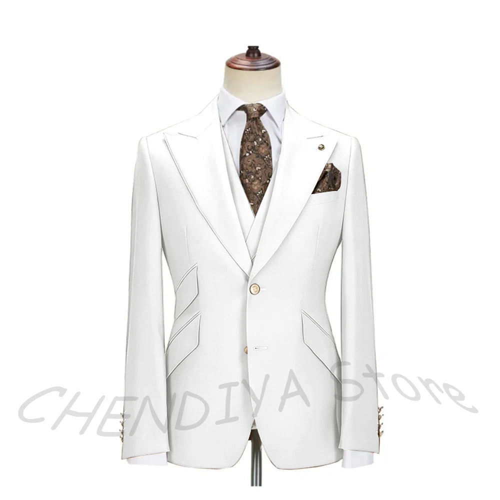 Solid Color Men's Suits 3 Piece (Blazer+Pants+Vest) Fashion Peak Lapel Single Breasted Prom Male  Business Casual Clothing