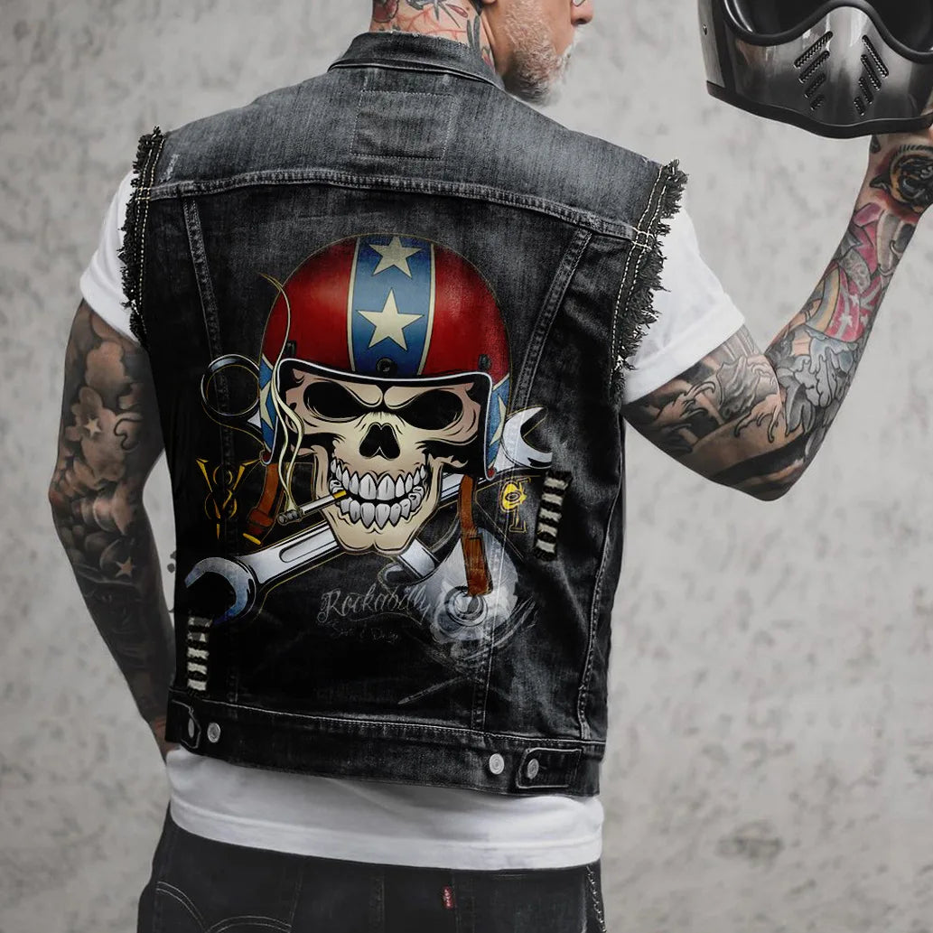 2023 Men's Denim Vest Print Tribal Style Top Men's Tank Top Ropa Hombre Gym Clothing Men Denim Vest Motorcycle Vest