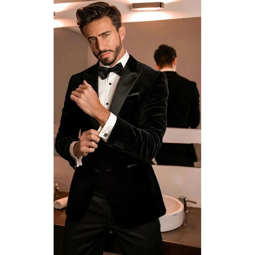 Classic Black Velvet Suits for Men Peak Lapel Single Breasted Male Suit Casual Office Business Wedding Tuxedo 2 Piece