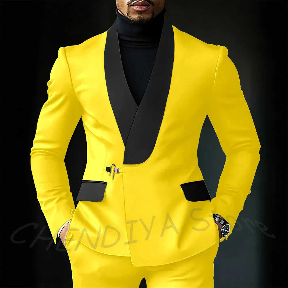 Contrast Color Men's Suit Set 2 Piece Elegant Shawl Lapel Slim Fit Formal Outfit Business Casual Jacket Pants Customized