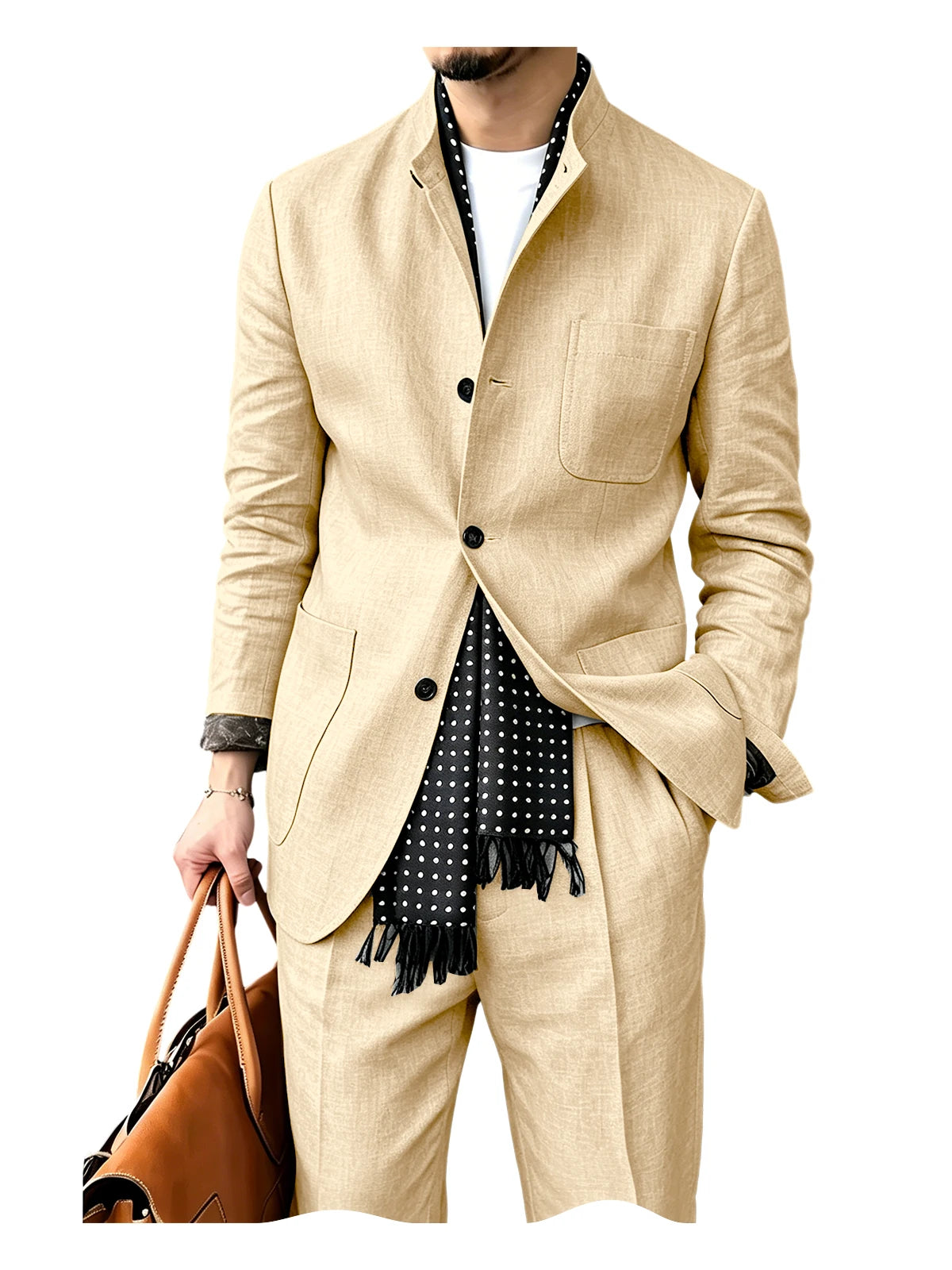 Men's Linen Blend 2 Piece Suit Set Stand Collar Three Button Breathable Casual Blazer Pants For Business Daily Wear Summer