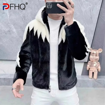 PFHQ Winter New Mink Fur Hooded Men's Coat One-piece Casual Jacket Warm 2024 Contrast Color Long Sleeve Male Tops