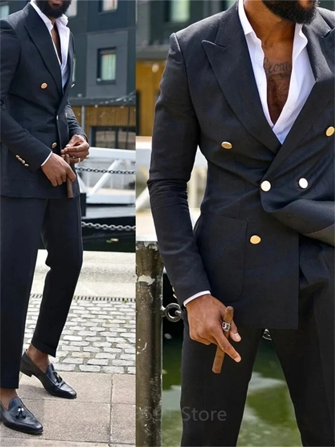 2Pieces Peaked Lapel Double Breasted Suits for Men Wedding Slim Fit Formal Groom Tuxedo Black Custom Made Suit Jacket with Pants