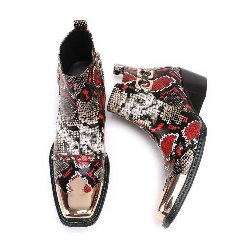 Spring Man Metal Fangtou Belt High-heeled Short boots Western Cowboy Boots Cowhide Serpentine Printing Stage show Party boots