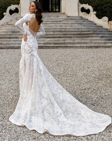 Romantic High Neck Open Back Mermaid Wedding Dresses Long Sleeve Appliques Lace High Split Bridal Gowns Robe De Mariée