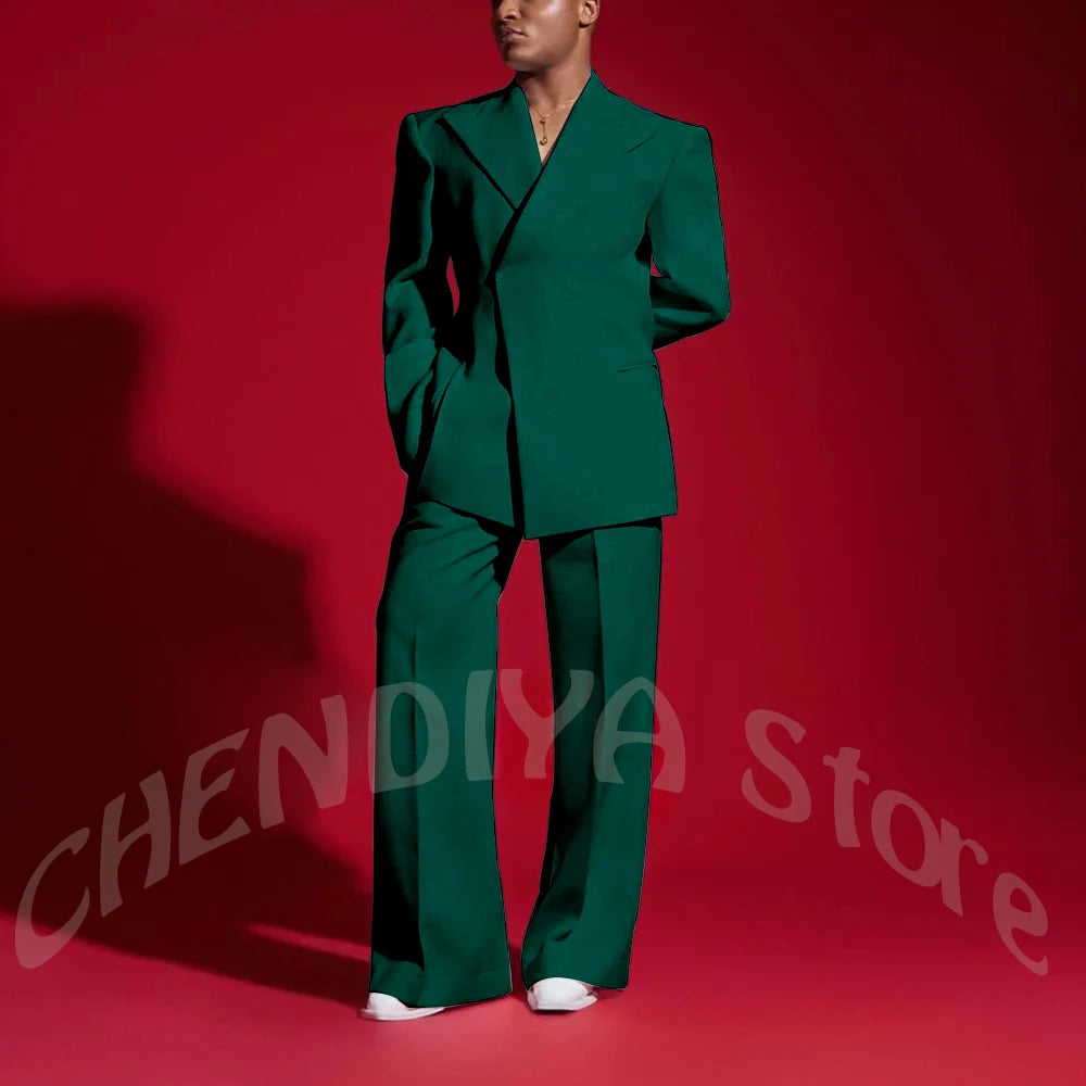 Elegant White Men Suit Peak Lapel Handsome Casual Male Clothing Two Pieces Jacket Pants Banquet Party Suits Set Straight