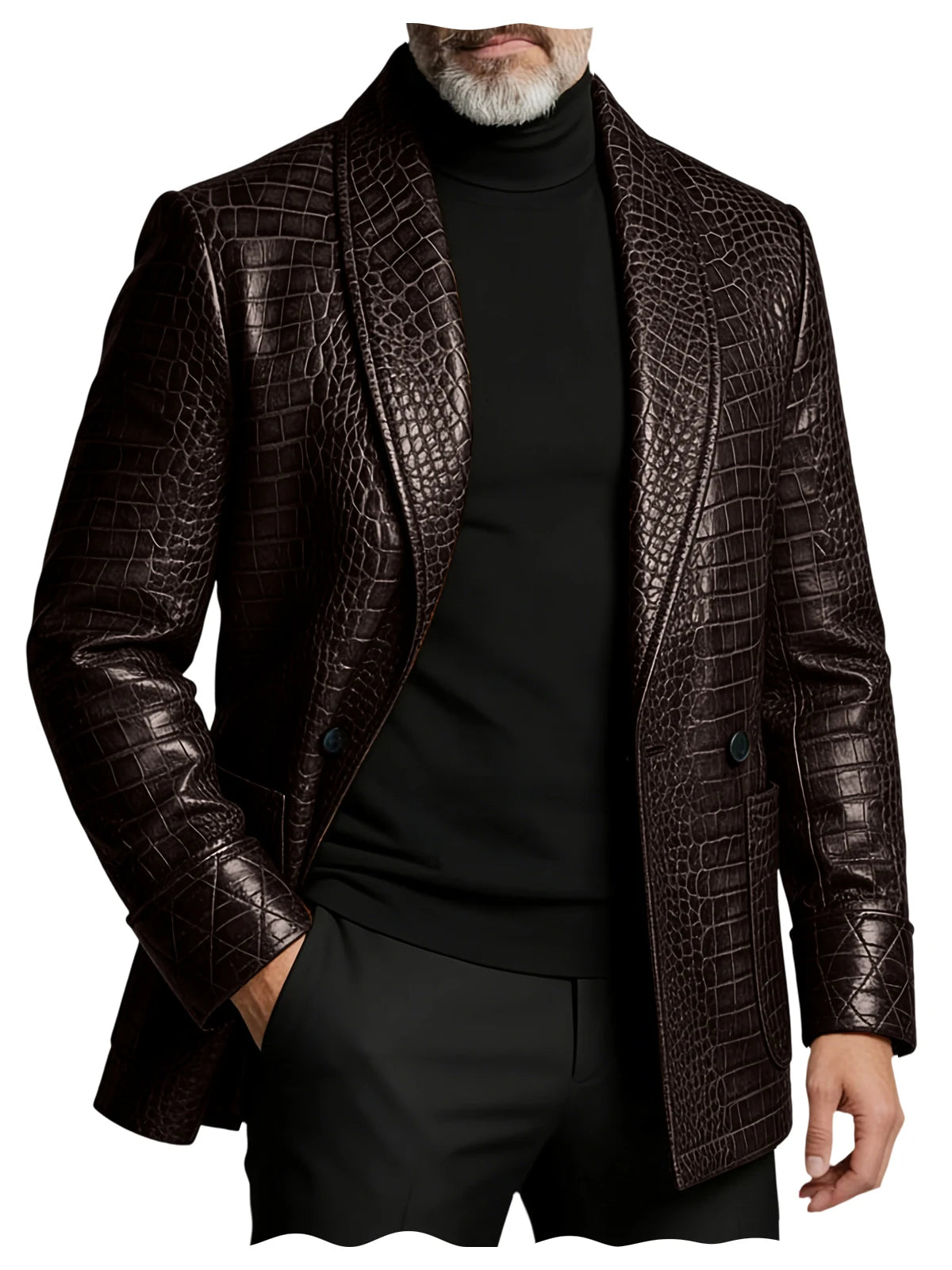 Men's Crocodile Embossed Leather Blazer Double Breasted Business Casual Brown Jacket Office Wear Formal Plus Size  Suit Coat