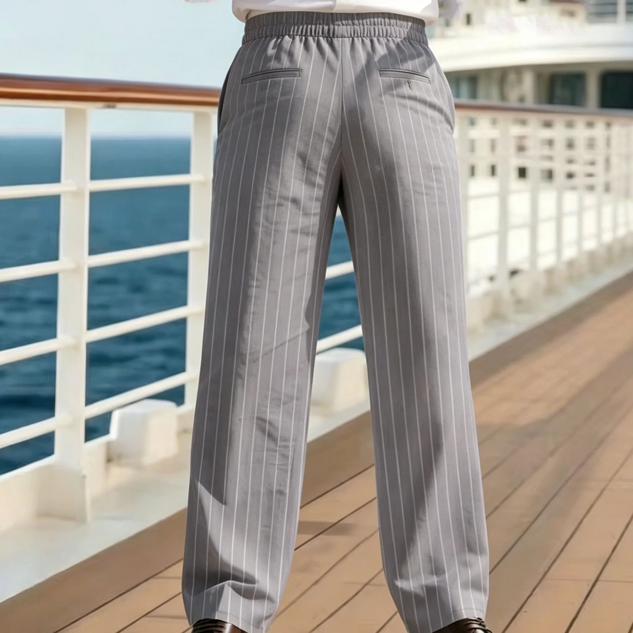 Men's Pinstripe Linen Pants Solid Color Loose Fit Half Elastic Waist Straight Leg Trousers Breathable Soft  For Summer Beach