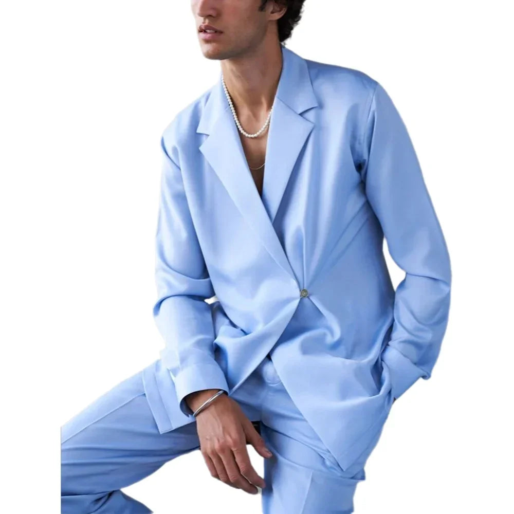 Sky Blue Men's Suit Loose Casual Notch Lapel Unique Design Single Button Daily Office Stylish Male Clothing(Blazer+Pants)