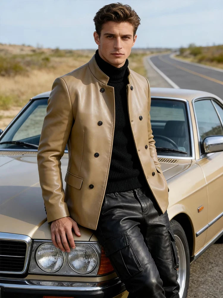 Men's Blazer Stand Collar Faux Leather Jacket High Quality Double Breasted Slim Fit Casual Coat For Business Office Outerwear